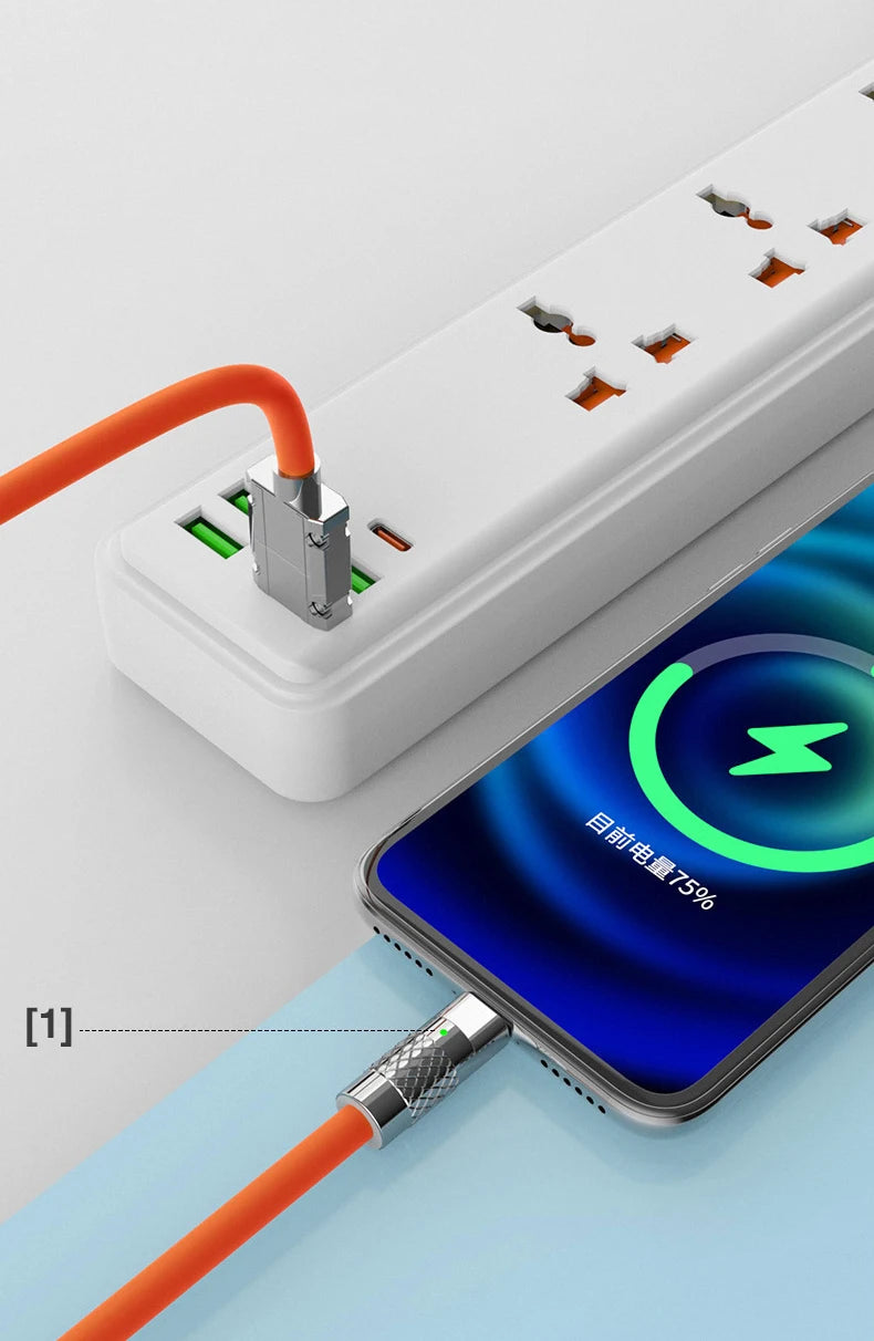 6A Micro USB 120W Fast Charging Cable Orange Blue Liquid Silica Gel Cable Zinc Alloy Joint 1M 1.5M 2M Microusb