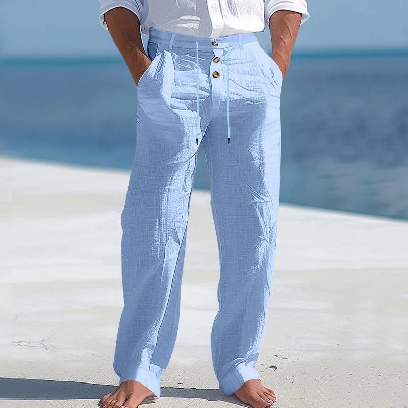 Men's Linen Pants Men's Lightweight Linen Blend Pants Jogging Men Casual Trousers with Button Design Basic Beach Vacation
