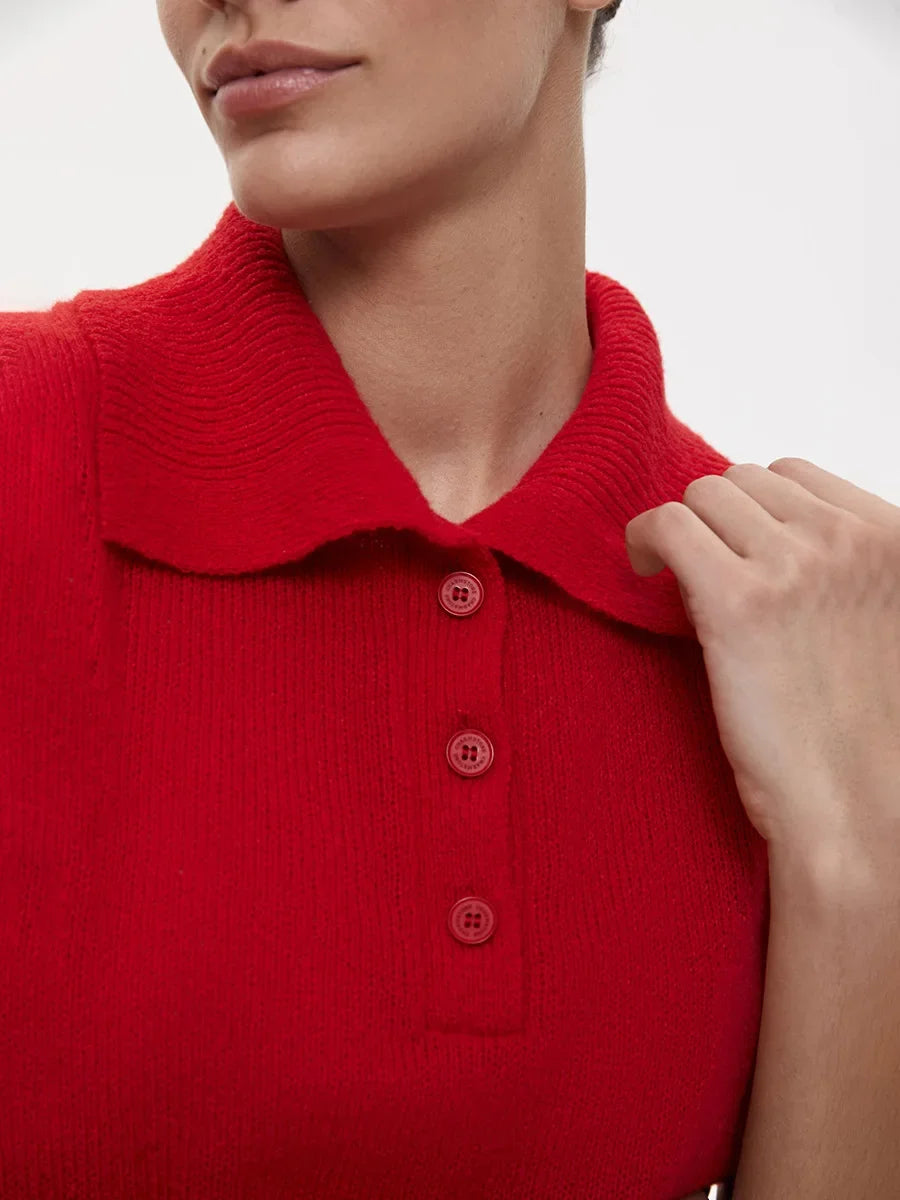 Casual Short Sleeve Knit Pullover For Women Lapel Patchwork See-Through Solid Commute Hollow Out Knitwear Sweater Pullover