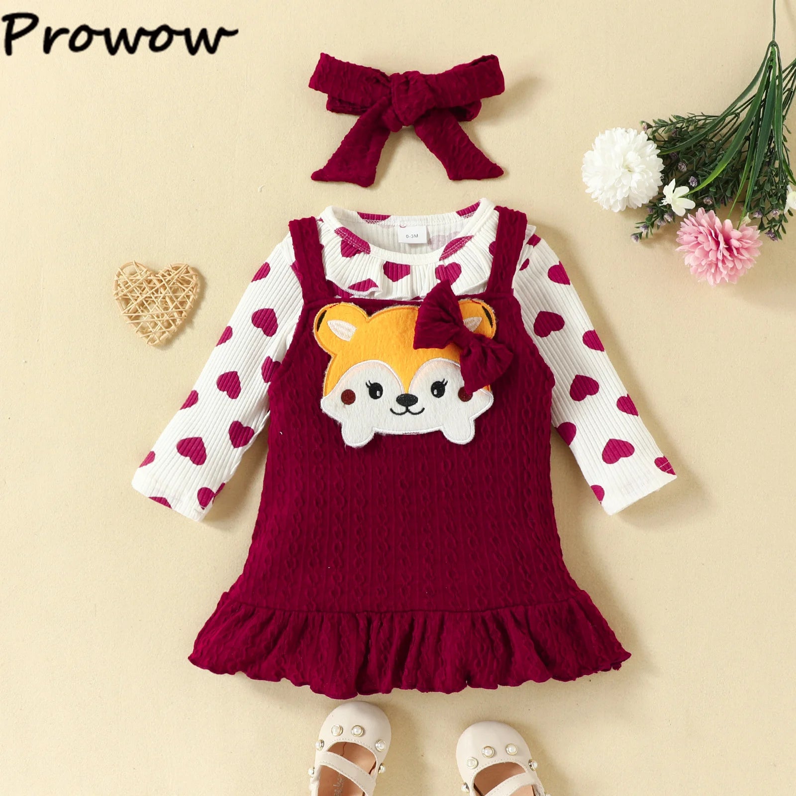 Prowow Cute Fox Baby Dresses For Girls Heart Print Romper+Suspender Fox Dress For Girls Fall Winter Newborn Baby Girl Clothes