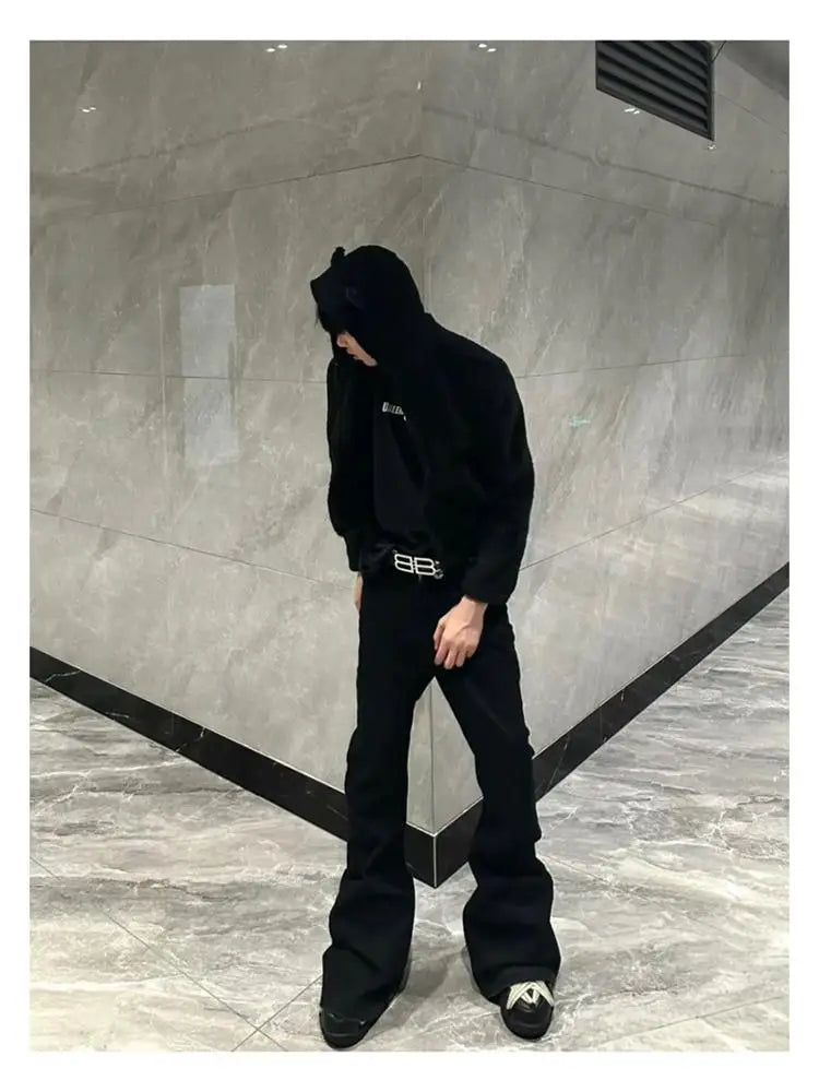 High Street RO Style Denim Pants Men's 24SS Basic Elastic Black Ribbon Loose Flared Streetwear Casual Jeans Pants Men Clothing
