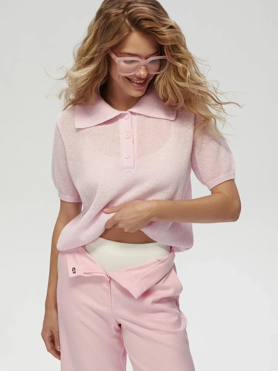 Casual Short Sleeve Knit Pullover For Women Lapel Patchwork See-Through Solid Commute Hollow Out Knitwear Sweater Pullover