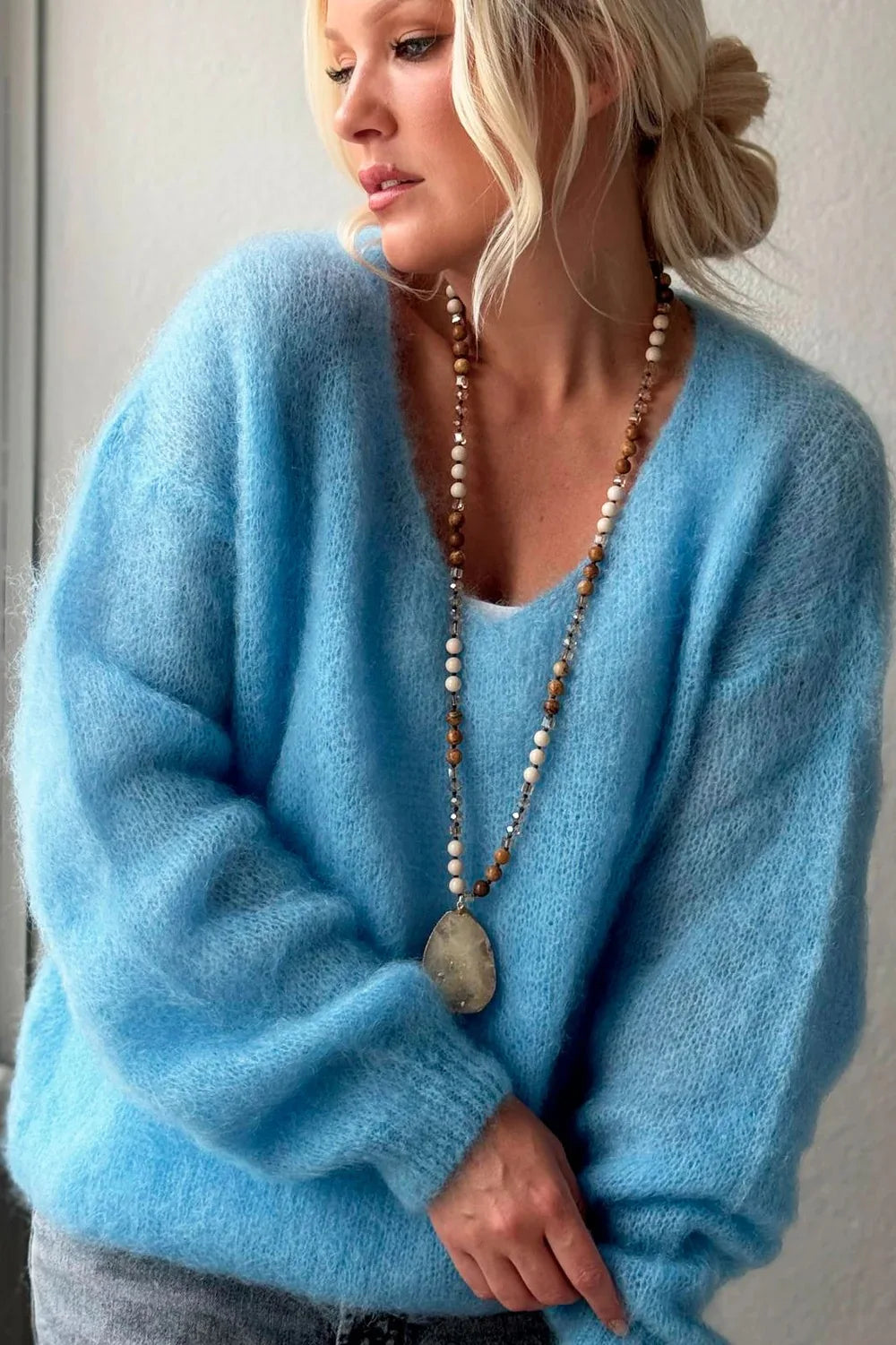 Lady Pullover Sweater Autumn Elegant V-neck Sweater Tops Causal Long Sleeve Solid Color Knitted Autumn Winter Womens Clothing