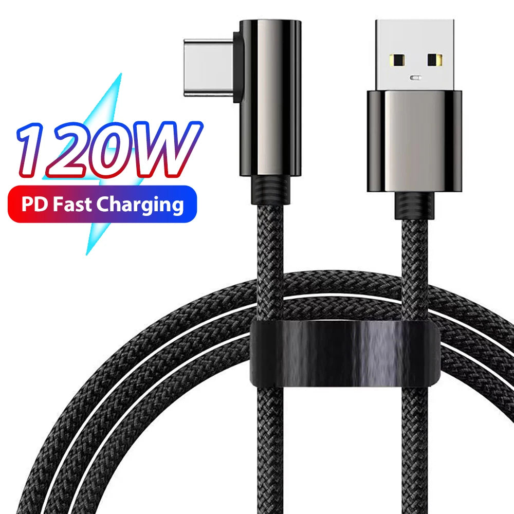 120W USB Fast Charging Cable QC3.0 Type-C Quick Charge Data Wire USB C Elbow Data Line For iPhone 17 16 15 Samsung Xiaomi POCO