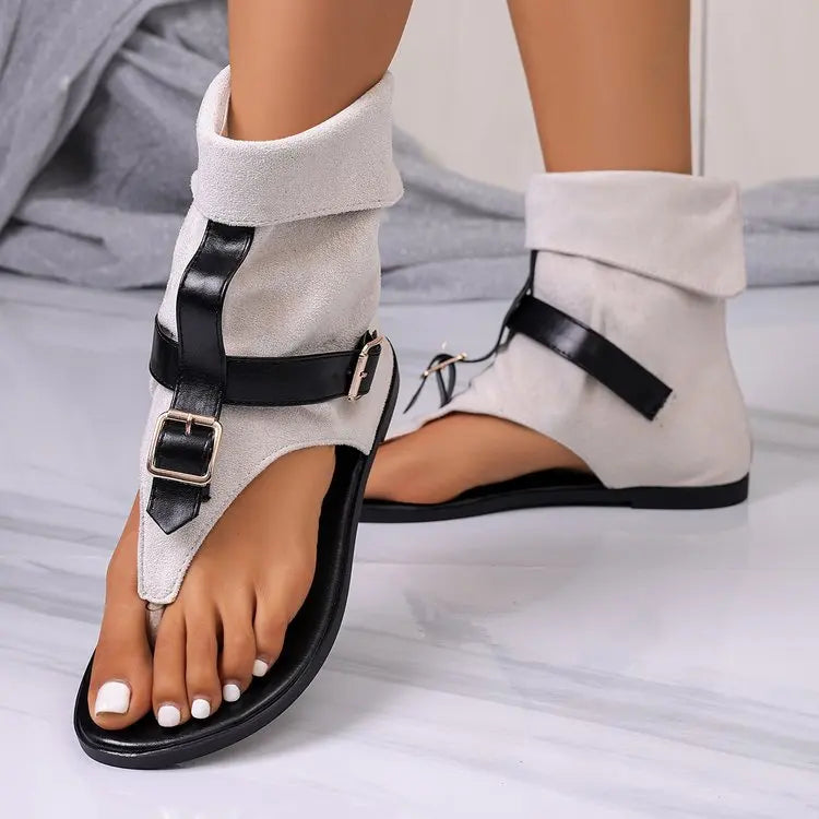 Summer Women Sandals Trend New Clip Toe Roman Sandals Denim Belt Buckle Large Size High Top Flat Boots Dressy Casual Shoes Women
