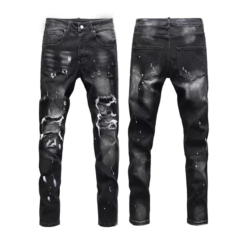 Vintage Washed Distressed Denim Jeans Men Paint Splatter Ripped Slim Fit Biker Trousers Street Style Hip Hop Pants for Guys