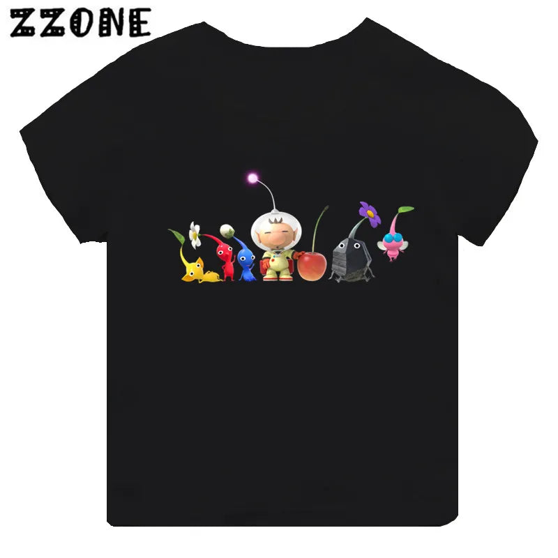 Hot Sale Video Game Pikmin 4 Print Cartoon Kids T-shirt Girls Clothes Baby Boys Black Short Sleeve T shirt Children Tops,TH5868