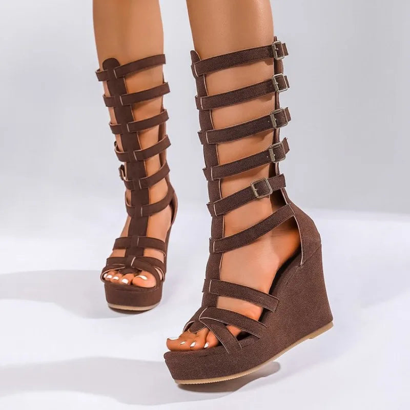 Summer Women Platform Sandals Plus-size  High-top Hollowed-out Flat Shoes Women Belt-buckle Soft-soled Roman Wedge Sandals Women