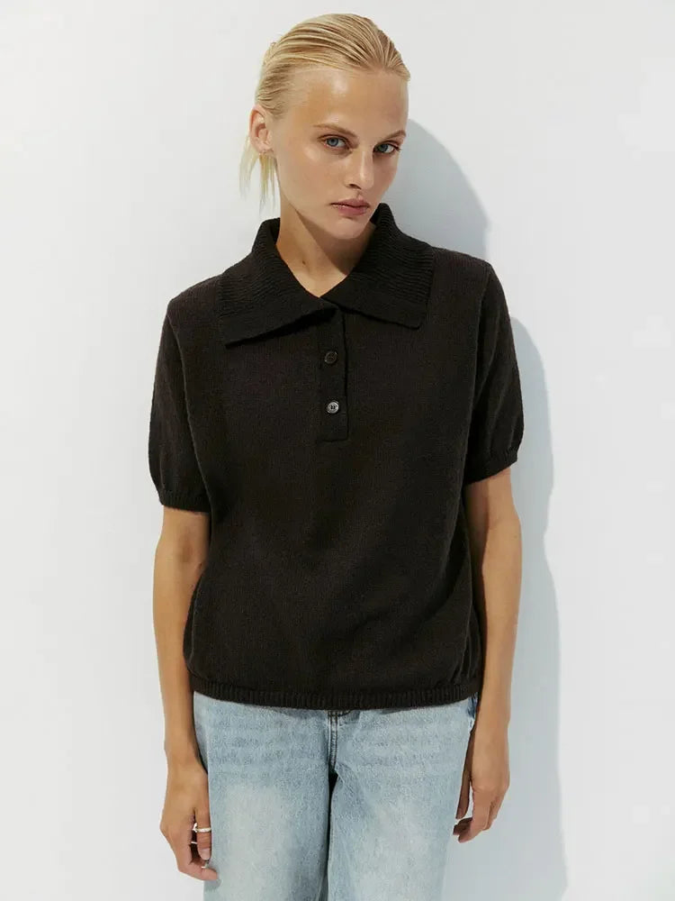 Casual Short Sleeve Knit Pullover For Women Lapel Patchwork See-Through Solid Commute Hollow Out Knitwear Sweater Pullover