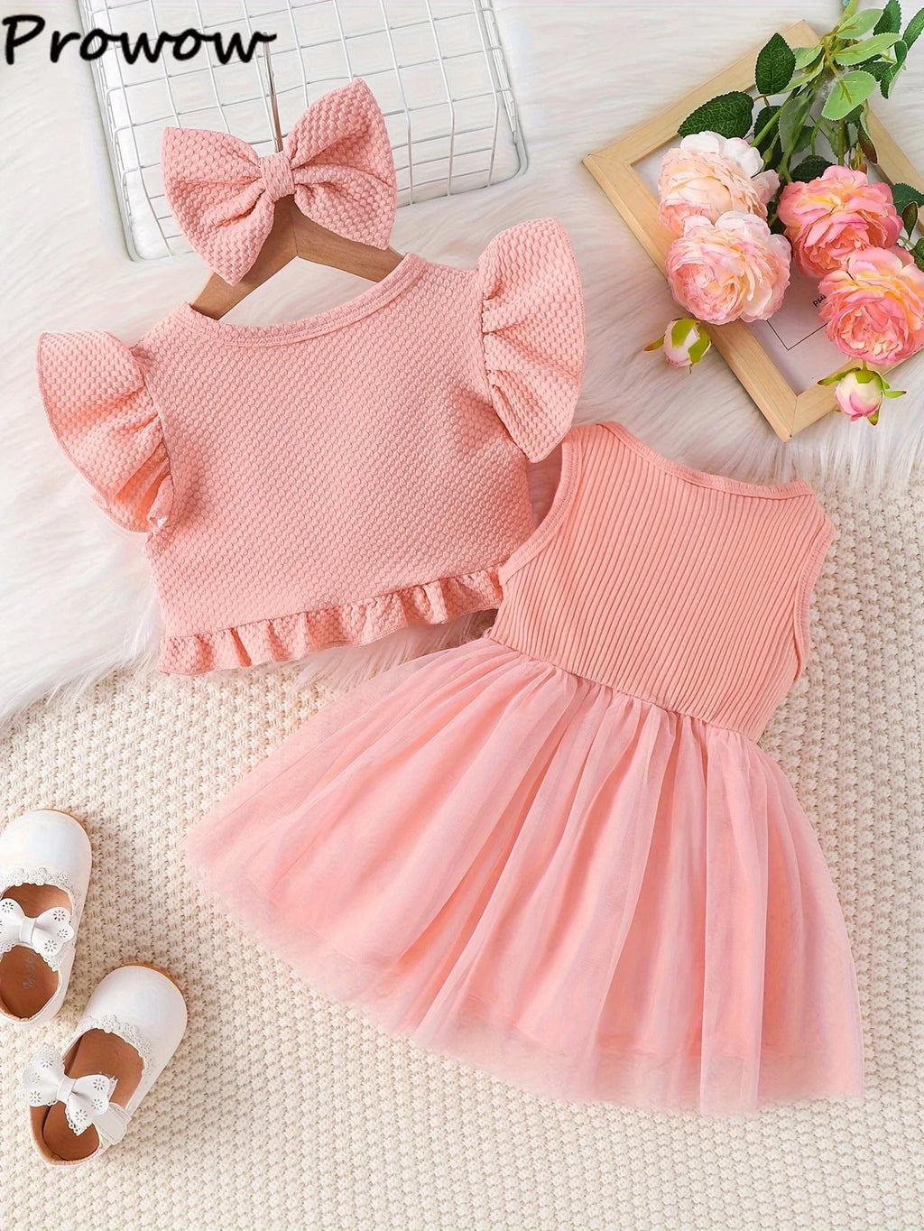 Prowow Baby Dresses With Coat Waffles Open Shirt Top and Pink Embroidery Floral Dress For Girls Birthday Party Kids Baby Clothes