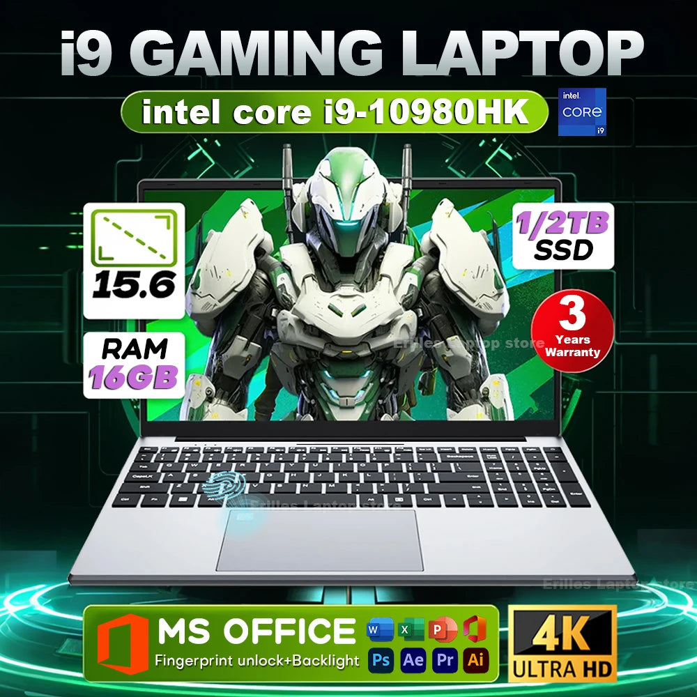 15.6" Laptop Intel Core i9 10980HK Windows 11 Gamer PC 16GB RAM 512GB 1TB 2TB SSD laptop Fingerprint Unlock Backlight Computer