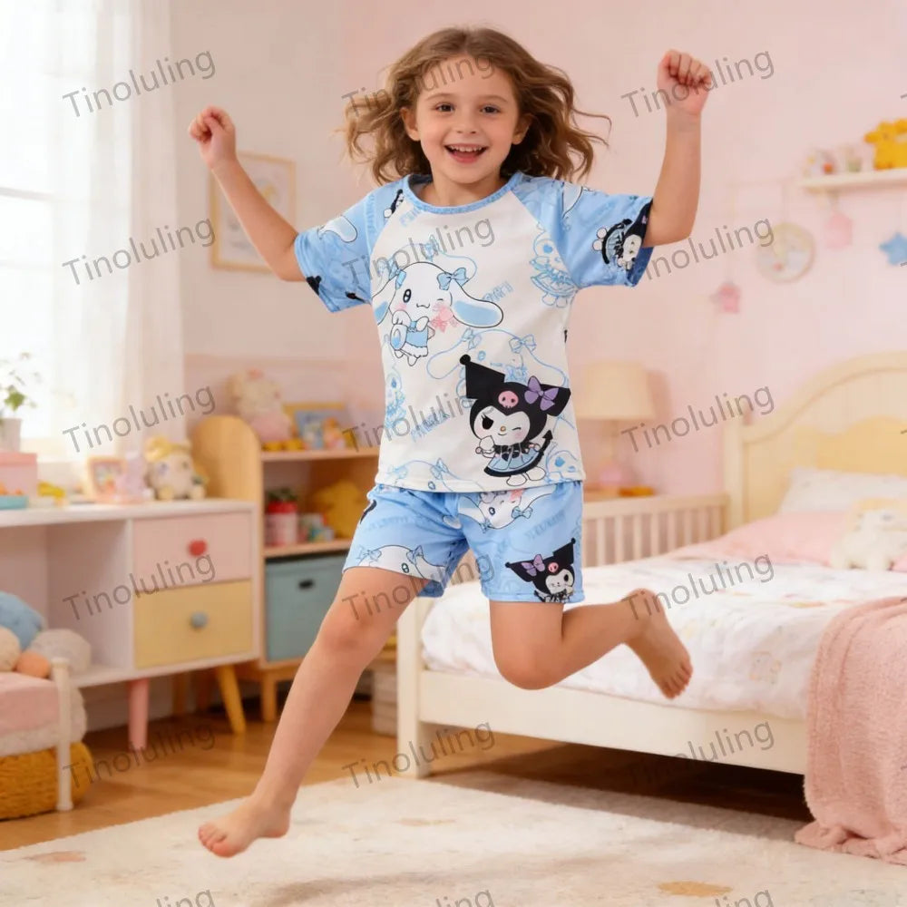 3 to 12 Years Girls Pajamas Summer Pyjamas Sets Kids Hello Kitty Cat Kuromi Tops+Short Pants Sleep Wear Little Girl Clothing