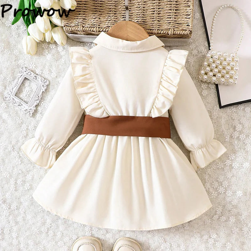 Prowow Baby Dresses Long Sleeve Beige Turn-Down Collar Shirt Dress With Waist Tape 2pcs Sets Newborn Toddler Girls Clothes