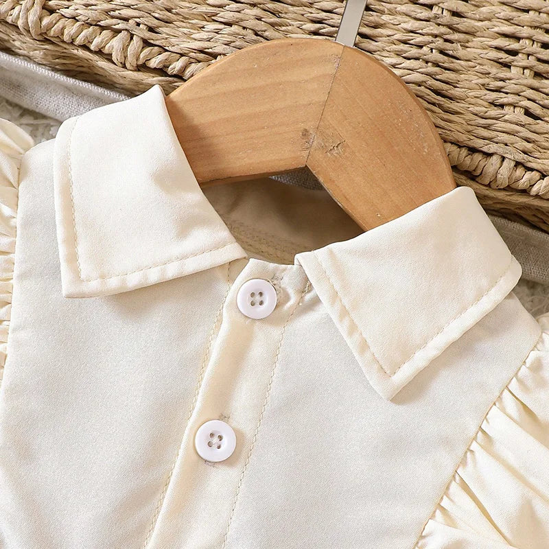 Prowow Baby Dresses Long Sleeve Beige Turn-Down Collar Shirt Dress With Waist Tape 2pcs Sets Newborn Toddler Girls Clothes