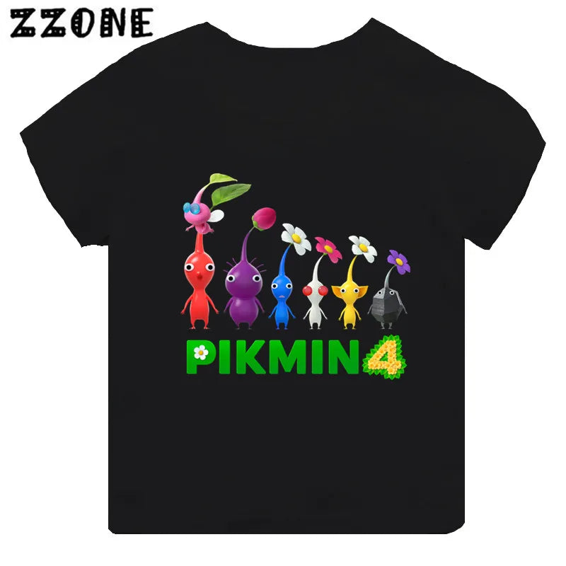 Hot Sale Video Game Pikmin 4 Print Cartoon Kids T-shirt Girls Clothes Baby Boys Black Short Sleeve T shirt Children Tops,TH5868