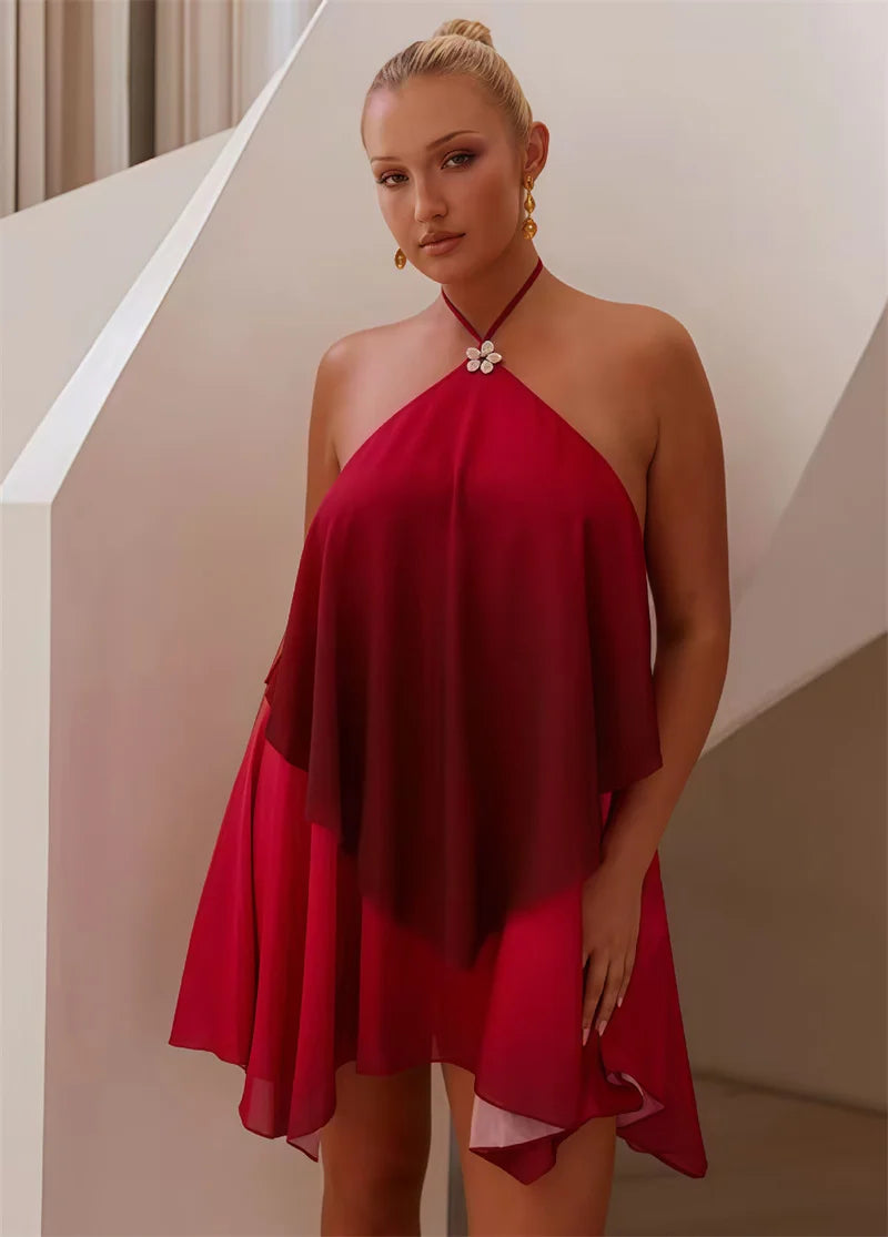 Mozision Gradient Halter Backless Sexy Mini Dress Women Gown Elegant Mesh Zipper Off-shoulder Sleeveless Club Party Dresses
