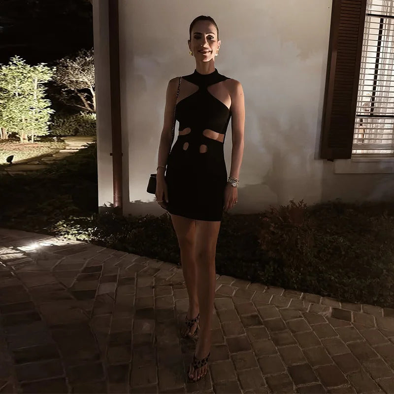 Elegant Halter Women's Dress Sleeveless Hollow Out Hip Package Lady Mini Dresses 2026 Spring Summer Chic Female Robe Holiday