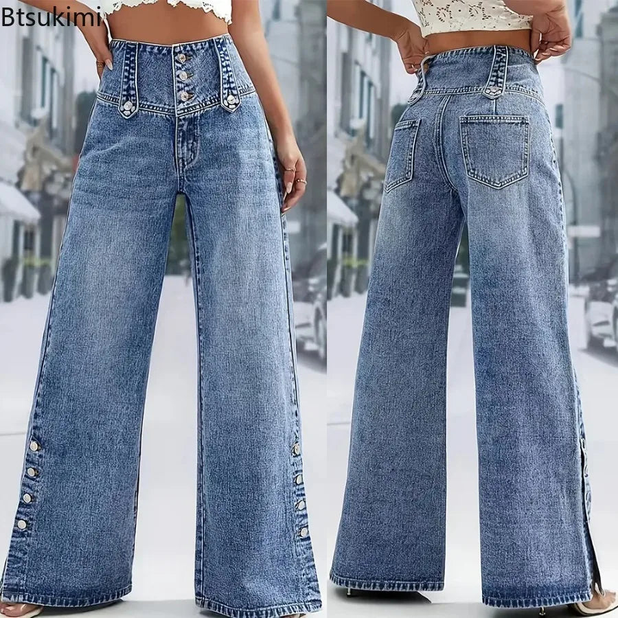 2026 Casual Jeans Pant Pantalones High Waist Wide Leg Trouser Women's Clothing Retro Street Style All-match Buttons Slit Fashion