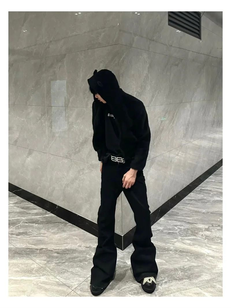 High Street RO Style Denim Pants Men's 24SS Basic Elastic Black Ribbon Loose Flared Streetwear Casual Jeans Pants Men Clothing