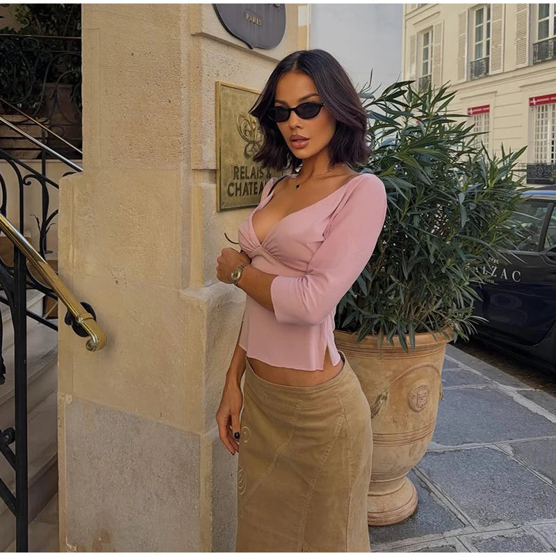 Elegant Women's Waist Cinched Solid T-shirts Slim Deep V-neck Half Sleeve Female Tops 2026 Spring Summer Lady All-match Top