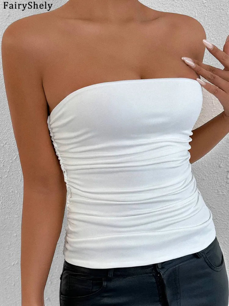 Fairyshely 2026 Sexy Summer Solid Strapless Top Women Bandeau Bodycon Tops Lady Sleeveless Off Shoulder Club Party Clothes