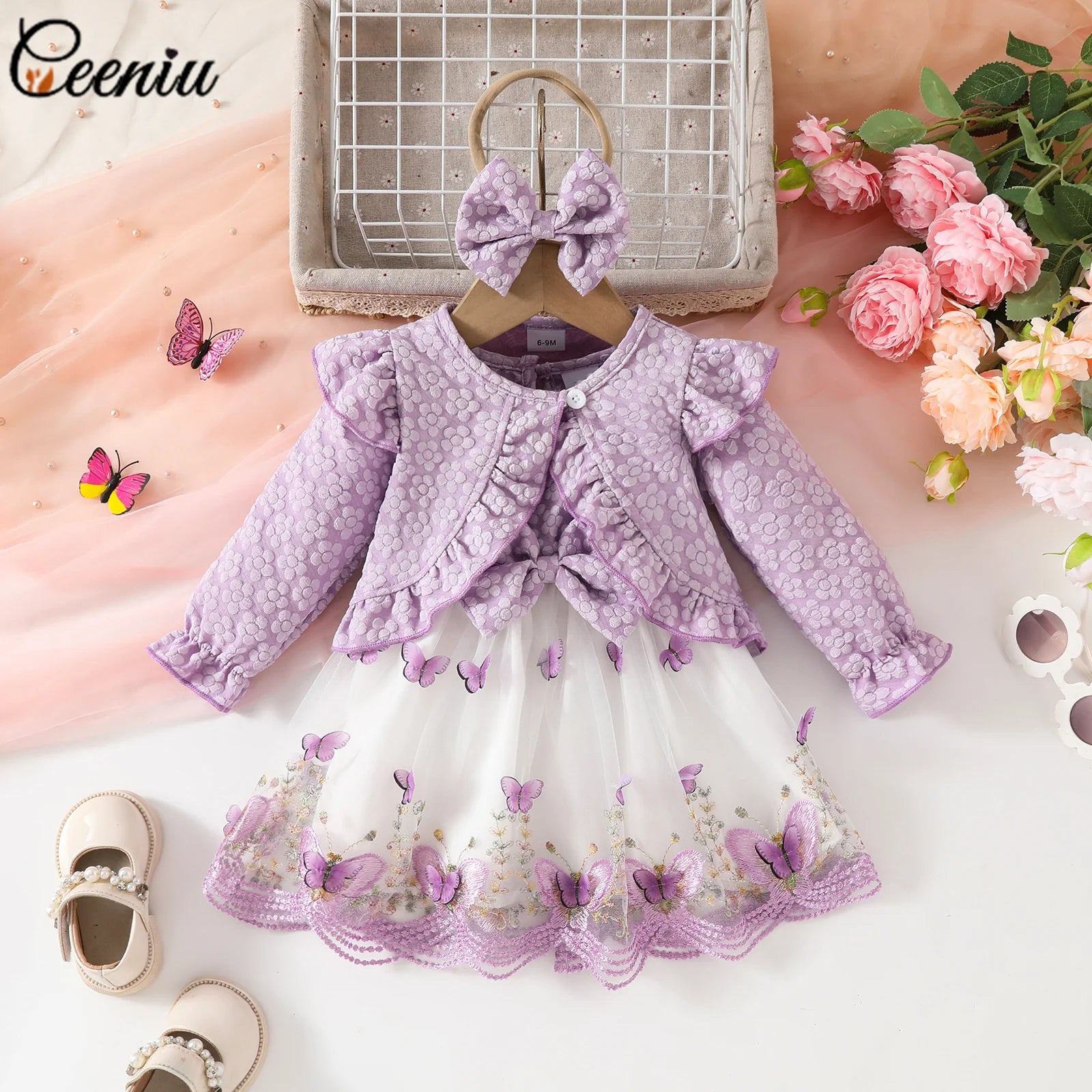 Ceeniu Baby Dresses For Birthday Long Sleeve Ruffles Bow Butterfly Party Dress For Girls 2024 Toddler Newborn Girl Clothes 2024