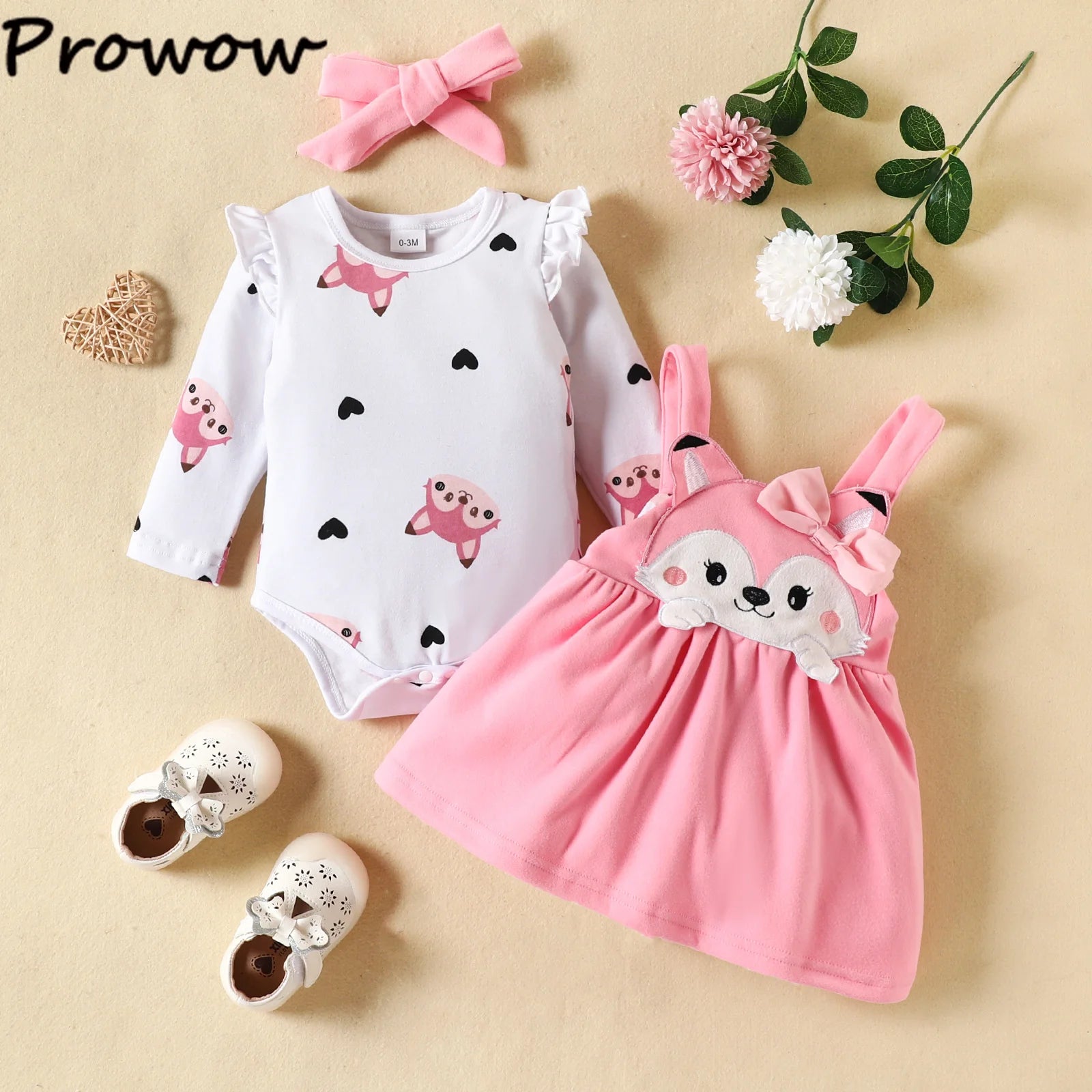 Prowow Cute Fox Baby Dresses For Girls Heart Print Romper+Suspender Fox Dress For Girls Fall Winter Newborn Baby Girl Clothes