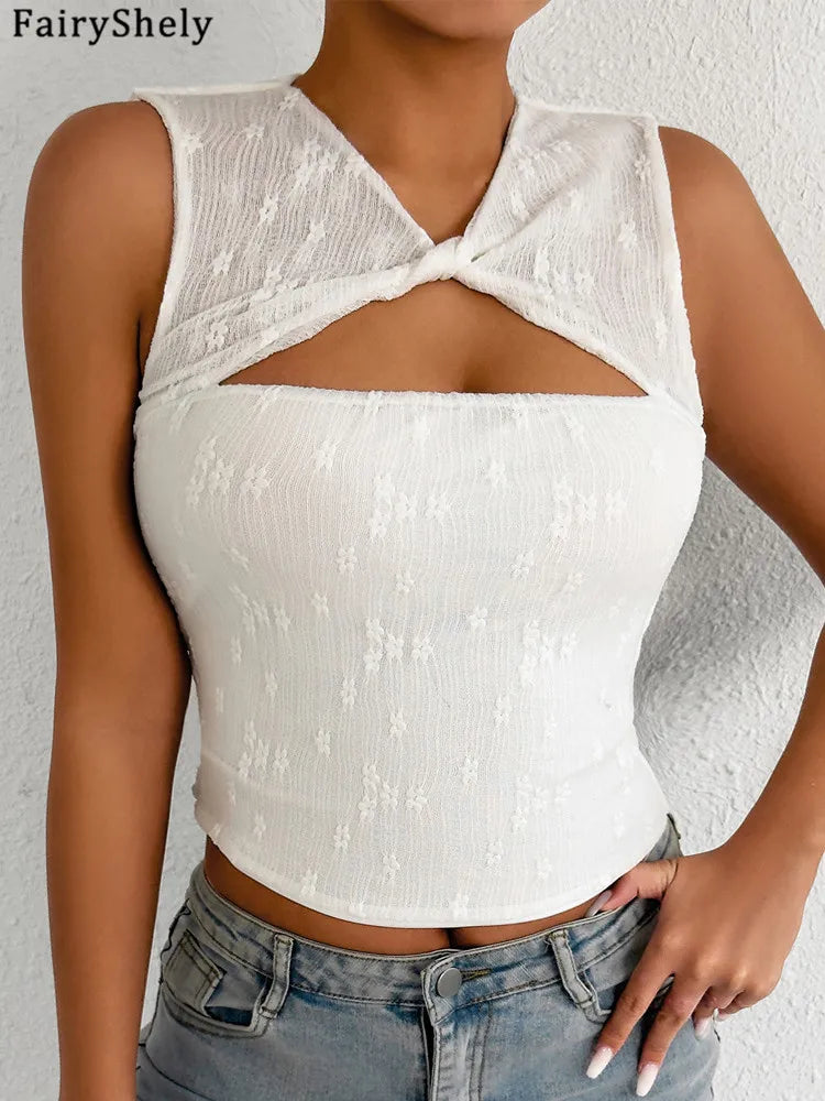 Fairyshely 2026 Sexy Summer Sleeveless Short Lace Top Women Hollow Bodycon Crop Tops Lady Solid Off Shoulder Club Party Clothes