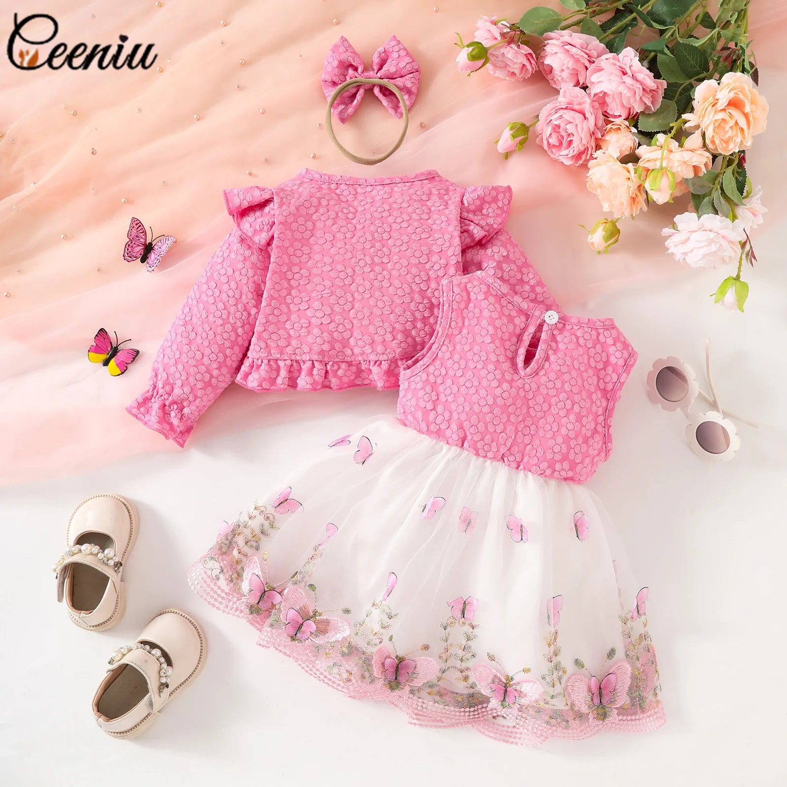 Ceeniu Baby Dresses For Birthday Long Sleeve Ruffles Bow Butterfly Party Dress For Girls 2024 Toddler Newborn Girl Clothes 2024
