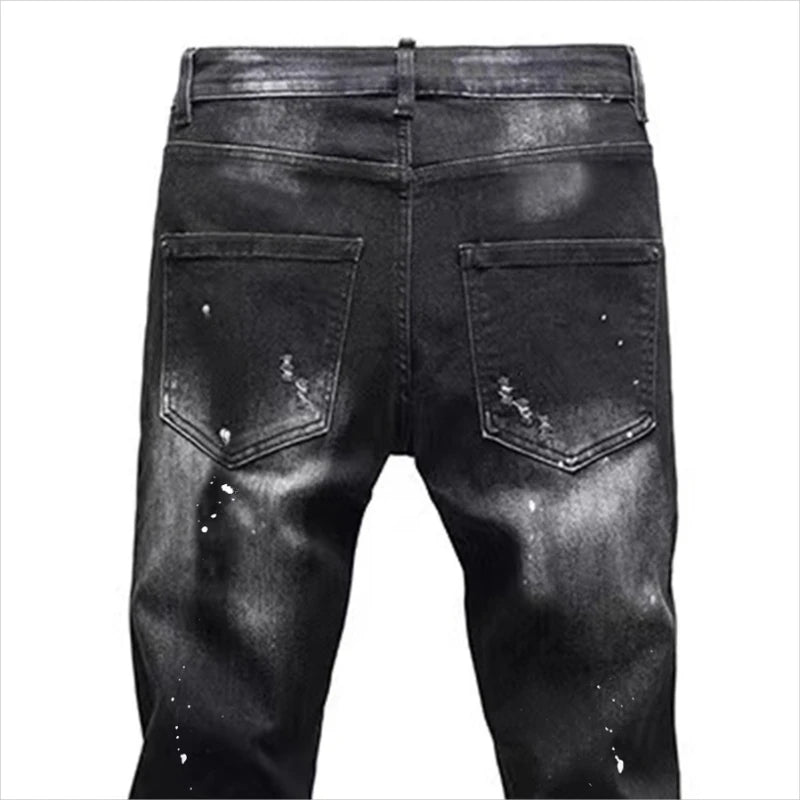 Vintage Washed Distressed Denim Jeans Men Paint Splatter Ripped Slim Fit Biker Trousers Street Style Hip Hop Pants for Guys