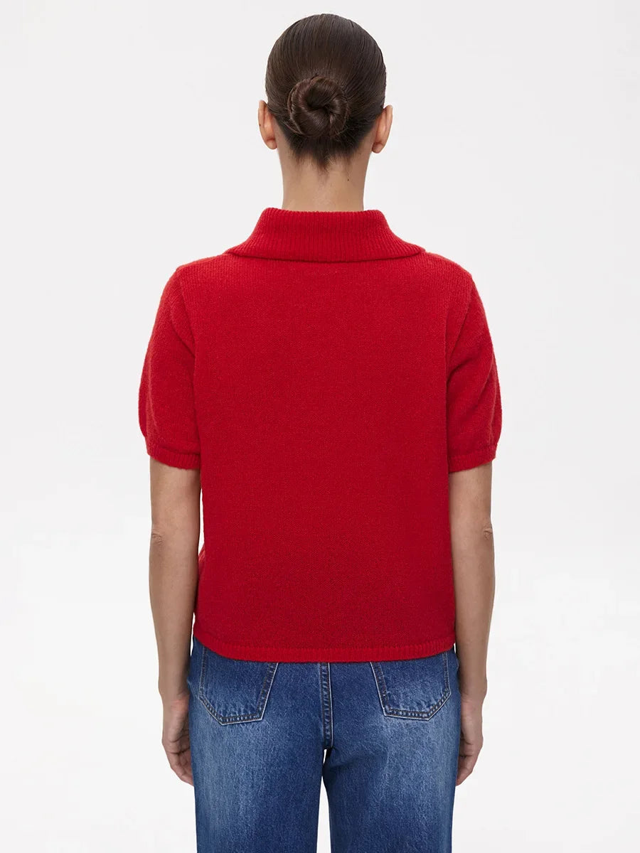 Casual Short Sleeve Knit Pullover For Women Lapel Patchwork See-Through Solid Commute Hollow Out Knitwear Sweater Pullover