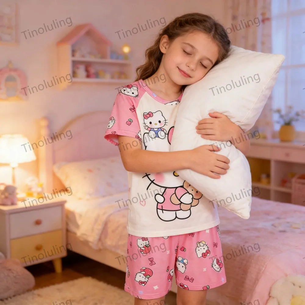 3 to 12 Years Girls Pajamas Summer Pyjamas Sets Kids Hello Kitty Cat Kuromi Tops+Short Pants Sleep Wear Little Girl Clothing