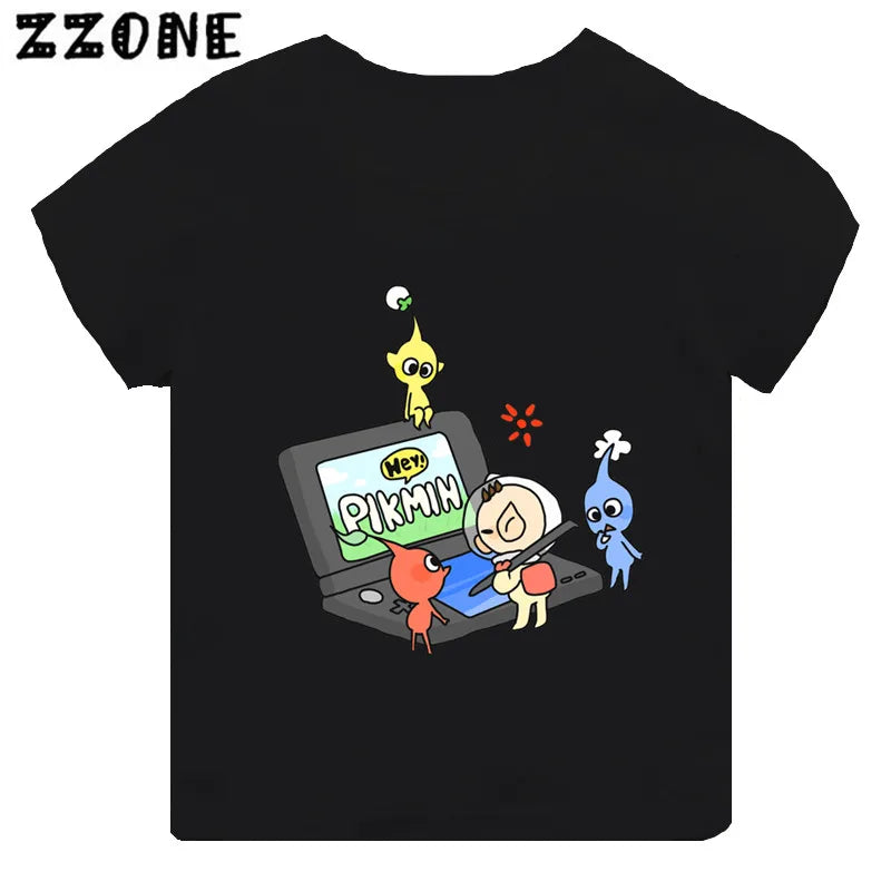 Hot Sale Video Game Pikmin 4 Print Cartoon Kids T-shirt Girls Clothes Baby Boys Black Short Sleeve T shirt Children Tops,TH5868