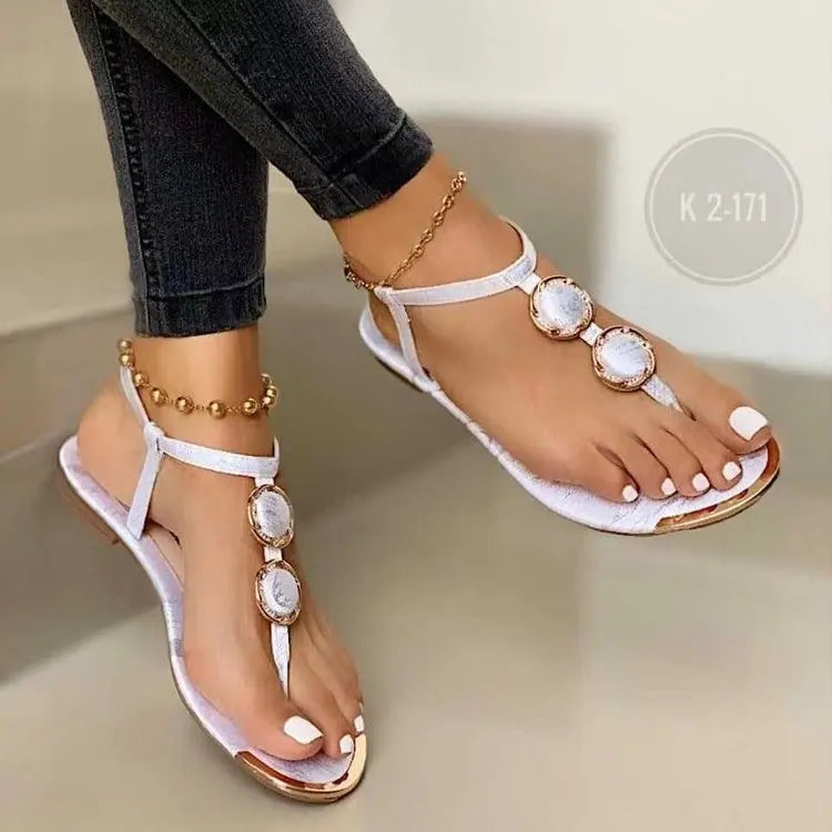 Summer Sandals Women Fashion Casual Beach Outdoor Flip Flop Sandals Metal Decoration Ladies Flat Shoes Big Size 2024