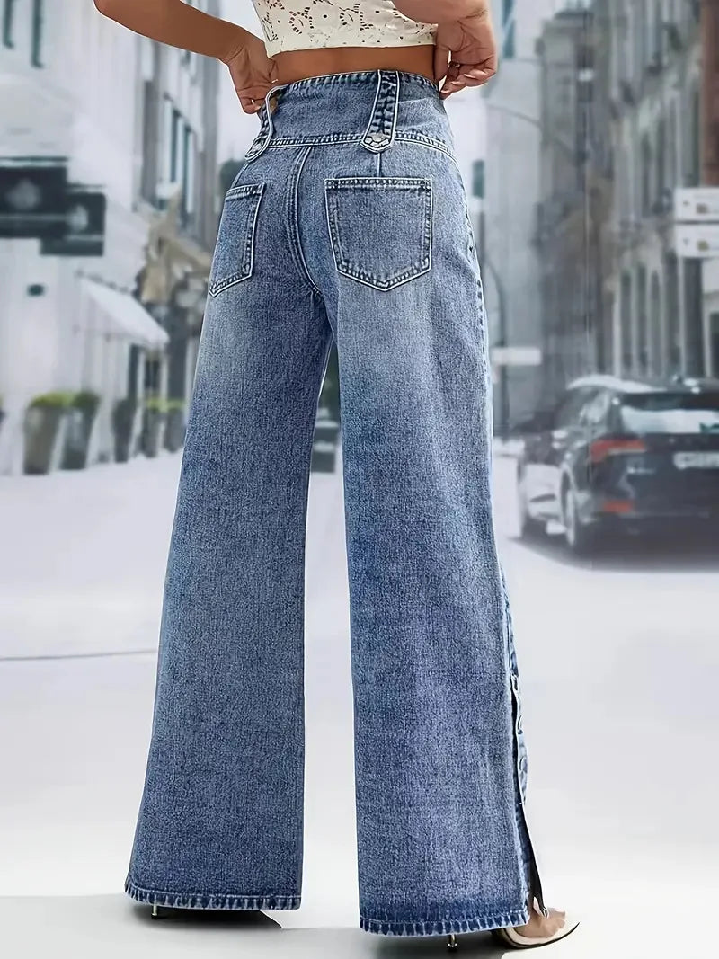 2026 Casual Jeans Pant Pantalones High Waist Wide Leg Trouser Women's Clothing Retro Street Style All-match Buttons Slit Fashion