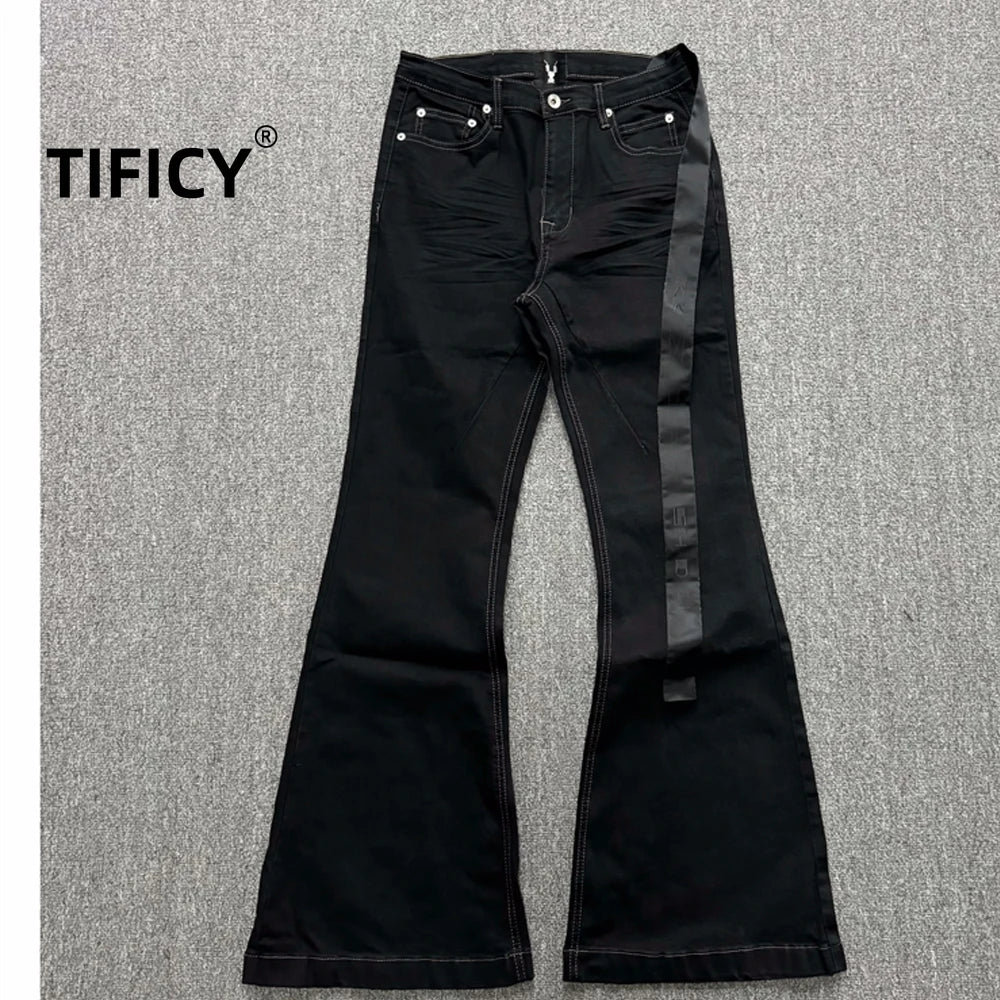 High Street RO Style Denim Pants Men's 24SS Basic Elastic Black Ribbon Loose Flared Streetwear Casual Jeans Pants Men Clothing