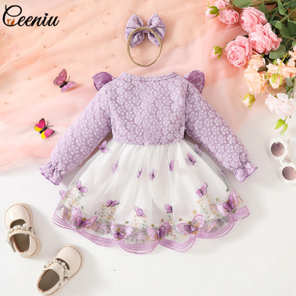 Ceeniu Baby Dresses For Birthday Long Sleeve Ruffles Bow Butterfly Party Dress For Girls 2024 Toddler Newborn Girl Clothes 2024