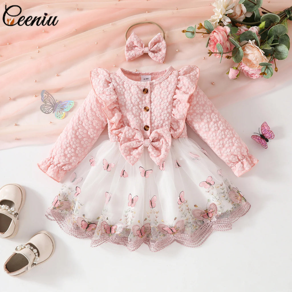 Ceeniu Baby Dresses For Birthday Long Sleeve Ruffles Bow Butterfly Party Dress For Girls 2024 Toddler Newborn Girl Clothes 2024