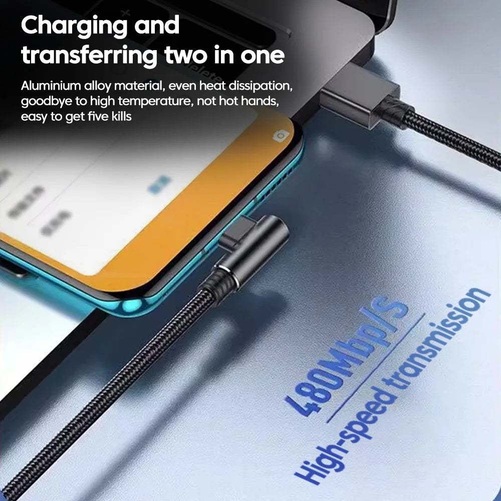 120W USB Fast Charging Cable QC3.0 Type-C Quick Charge Data Wire USB C Elbow Data Line For iPhone 17 16 15 Samsung Xiaomi POCO