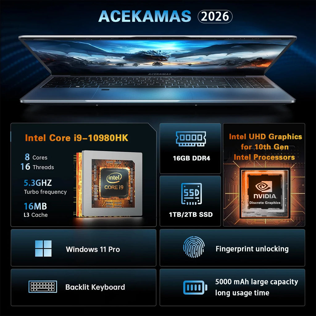 15.6" Laptop Windows 11 Core i9-10980HK Computer PC Gamer 16GB RAM Notebook Laptops Fingerprint Unlock Backlight Study Computer