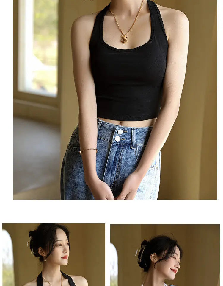 Halter Spaghetti Straps Vest for Women With Bra Padding Inner Wear Outer Wear Sexy Beauty Back Tanks Top