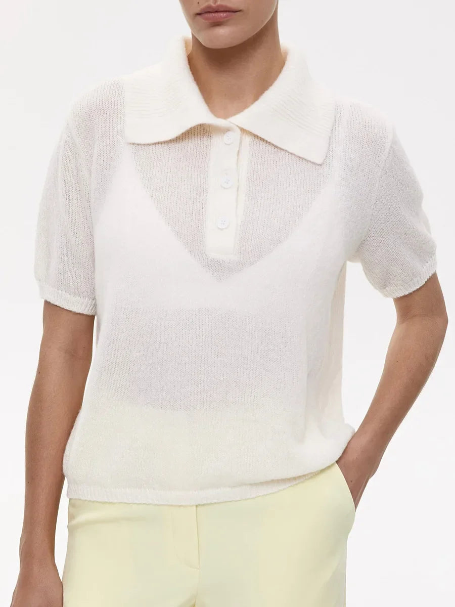 Casual Short Sleeve Knit Pullover For Women Lapel Patchwork See-Through Solid Commute Hollow Out Knitwear Sweater Pullover