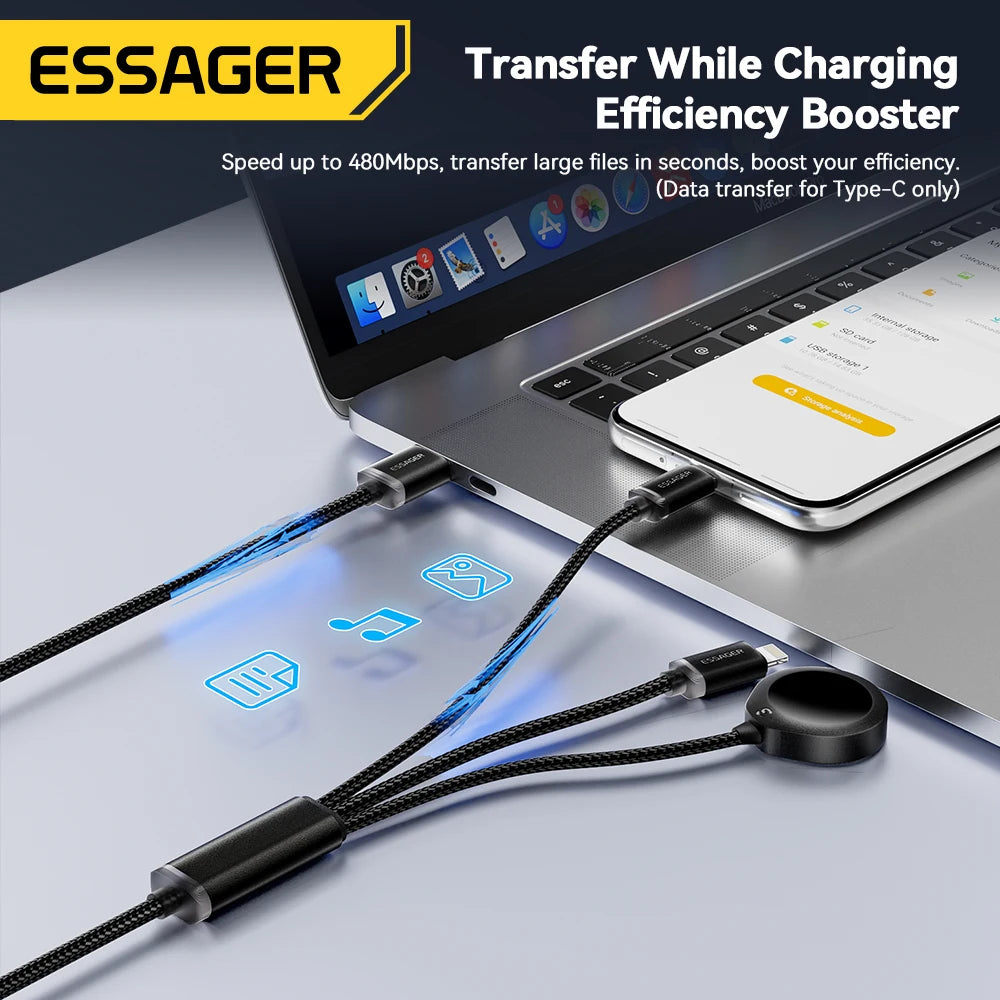 Essager 3 in 1 Multi USB A Charging Cable for Apple iWatch iPhone 16/15/14/13 Pro With USB Type C Lightning Fast Charging Cable
