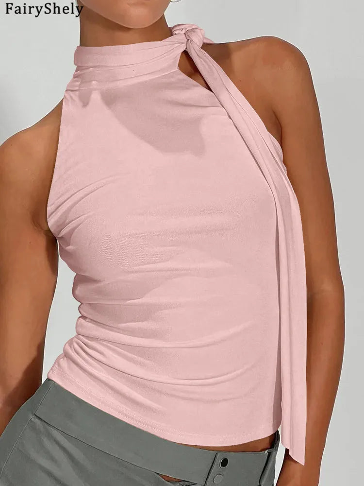 Fairyshely 2026 Sexy Summer Solid Sleeveless Off Shoulder Crop Top Women Tied Bodycon Tops Lady Backless Club Party Clothes