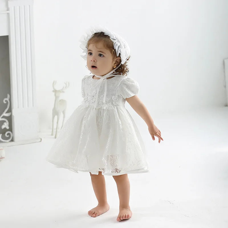 White Lace Baby Dresses + Hat For Christening 0 To 12 24 Months First Birthday Toddler Girl Clothes Infant One-piece Gown