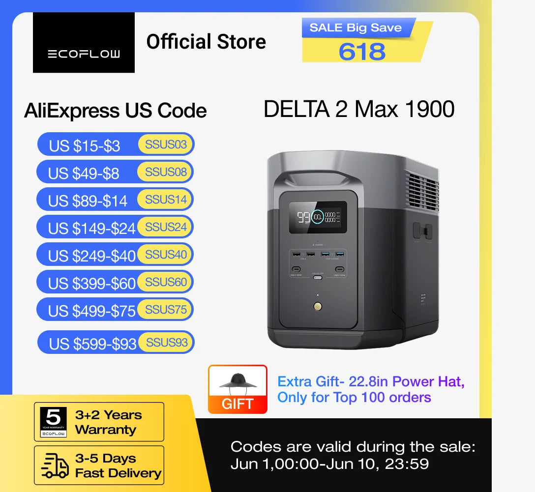ECOFLOW Portable Power Station DELTA 2 Max, 1900Wh Solar Powered Generator, 2400W LFP Solar Generator, Full Charge in 1 Hr