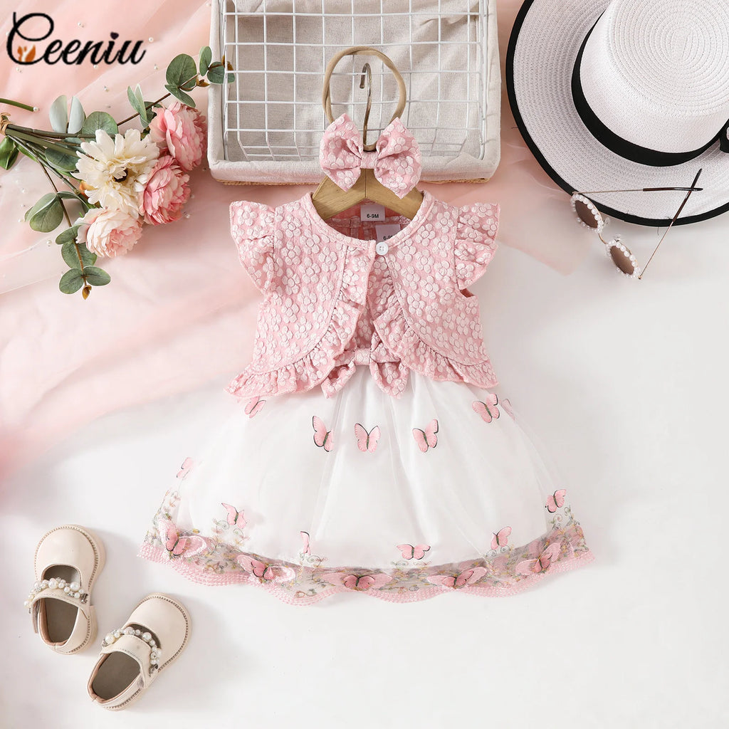 Ceeniu Baby Dresses For Birthday Long Sleeve Ruffles Bow Butterfly Party Dress For Girls 2024 Toddler Newborn Girl Clothes 2024