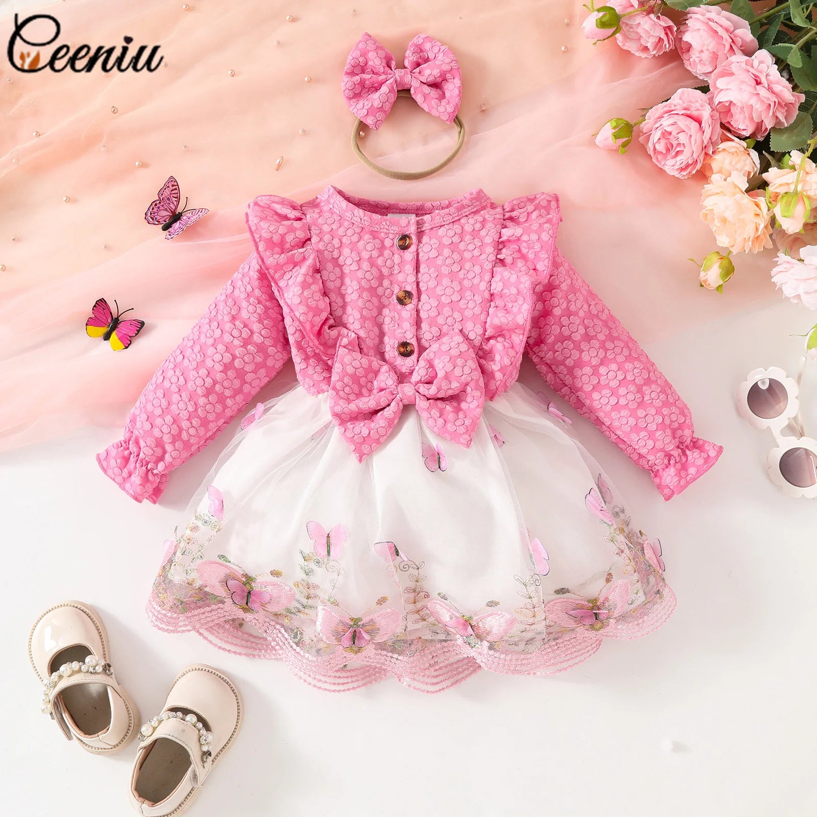Ceeniu Baby Dresses For Birthday Long Sleeve Ruffles Bow Butterfly Party Dress For Girls 2024 Toddler Newborn Girl Clothes 2024