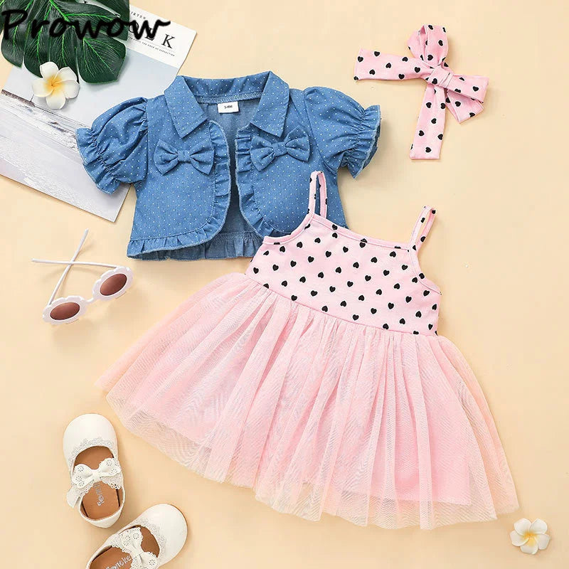 Prowow 3-24M Infant Baby Dresses Polka Dots Coat Jacket+Sleeveless Princess Mesh Dress Newborns Cute Baby Clothes Outfit Sets