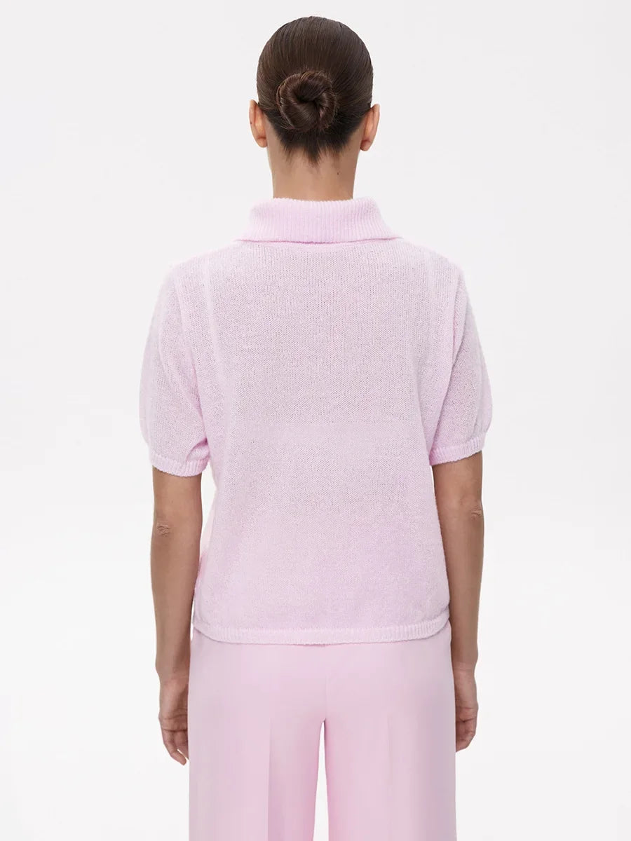 Casual Short Sleeve Knit Pullover For Women Lapel Patchwork See-Through Solid Commute Hollow Out Knitwear Sweater Pullover